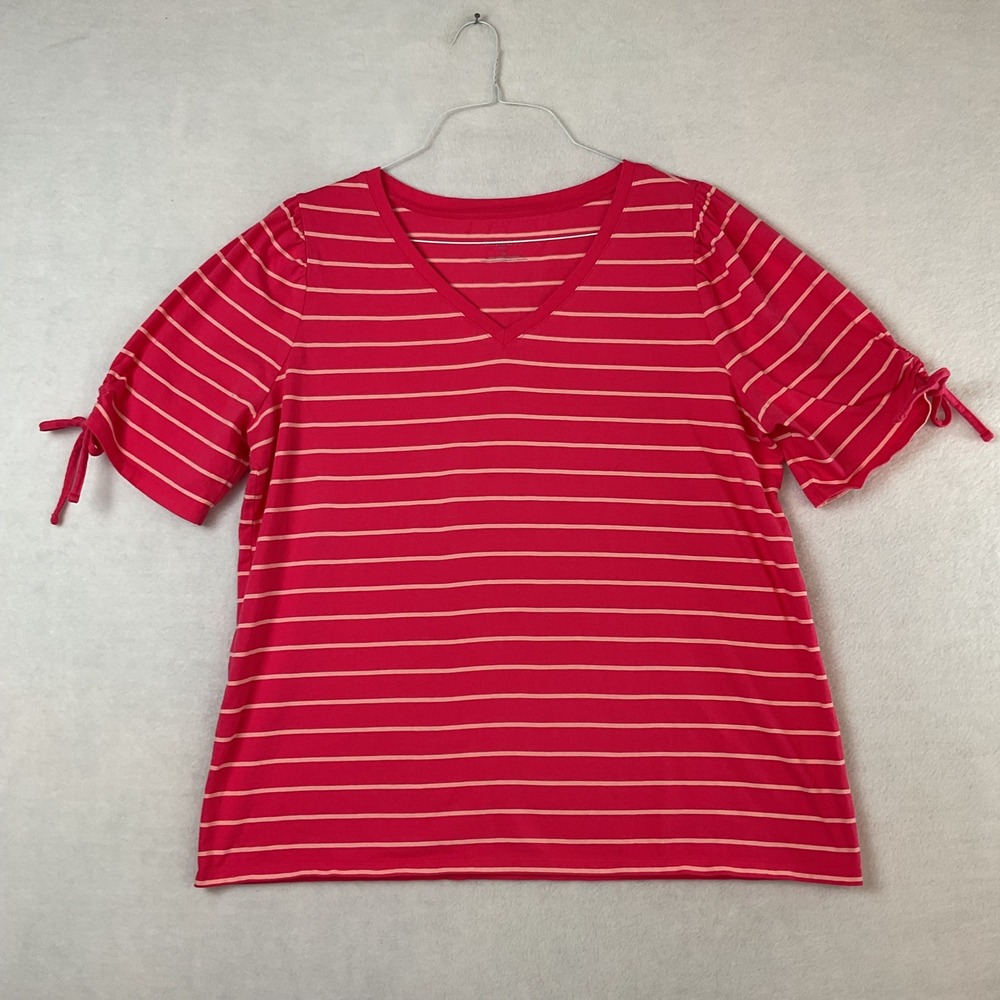 Talbots Plus Pink Striped V-Neck T-Shirt with Ruched Tie Sleeves Size 2X Cotton